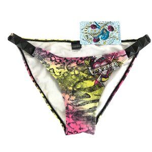 Sinful by Affliction Bikini Bottom Studded Heart Tiger Rhinestone Pink Yellow L